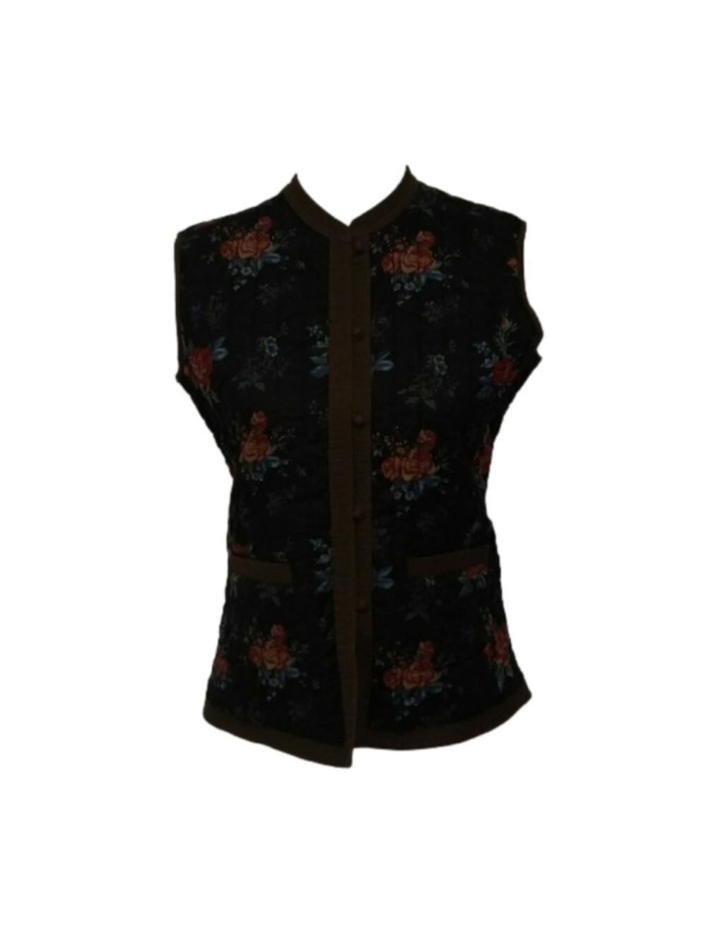 𝅺Natural Reflections Vintage Quilted Black Floral Mock Collar Button Down Vest